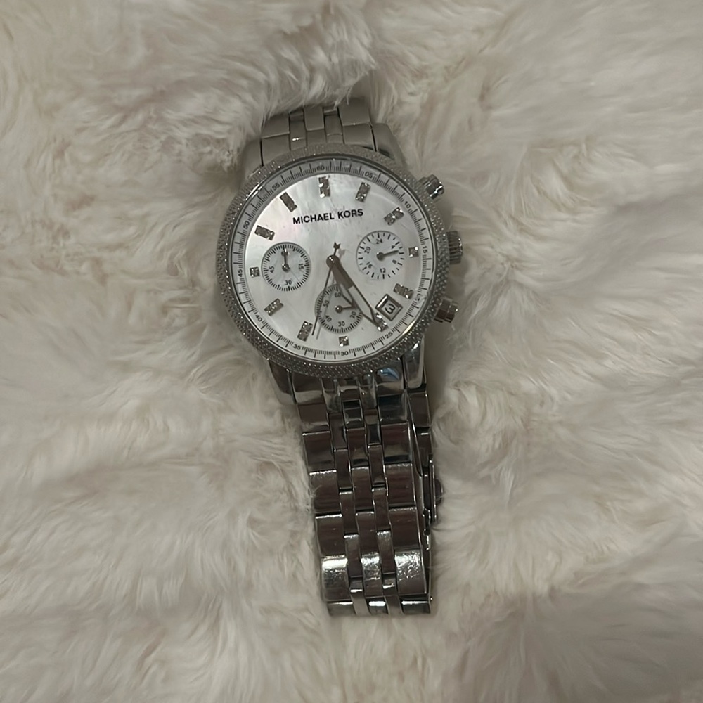 Michael Kors Silver Watch Analog White Pearl Face
